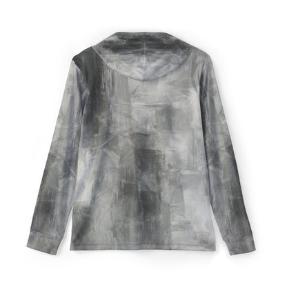 Men's gray athletic warmup hoodie with all-over print, stylish gym pullover designed for active wear by Printify.