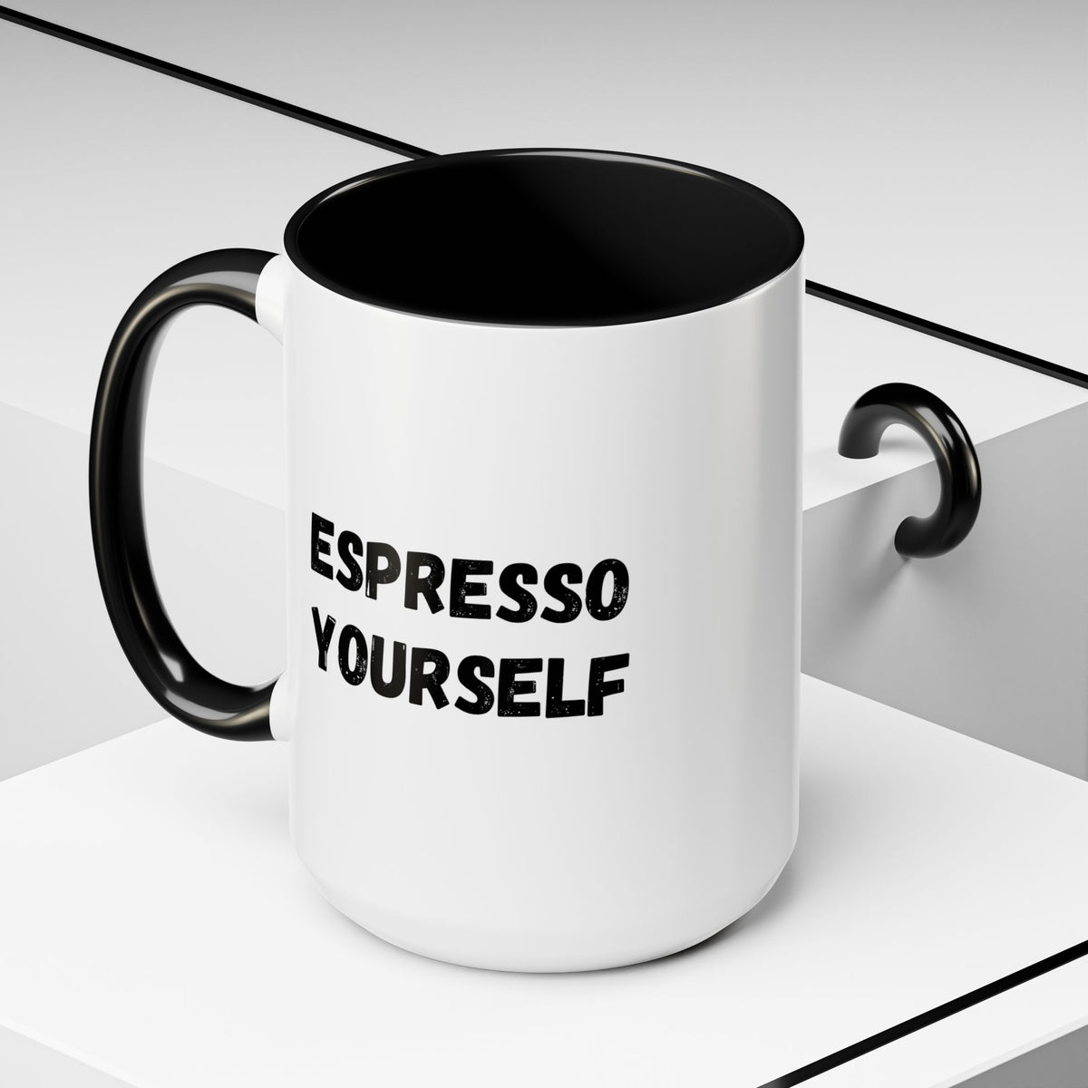 Black ceramic espresso mug with "Espresso Yourself" printed in white, 11 oz capacity, perfect for coffee lovers.