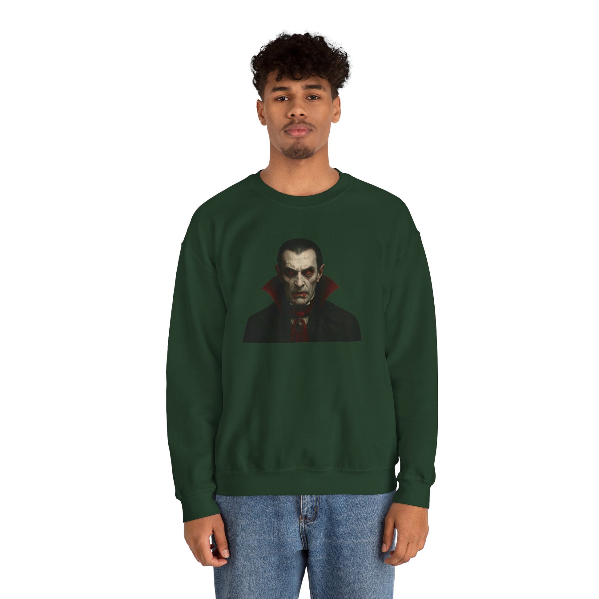 Black vampire portrait crewneck sweatshirt with detailed vampire artwork printed on front, made by Printify.