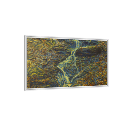 Framed matte canvas wall art featuring a serene autumn forest and waterfall scene by Printify.