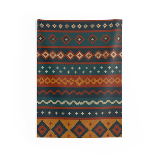 Southwestern pattern wall tapestry with boho tribal geometric design, vibrant colors, and intricate detailing for bohemian wall decor.