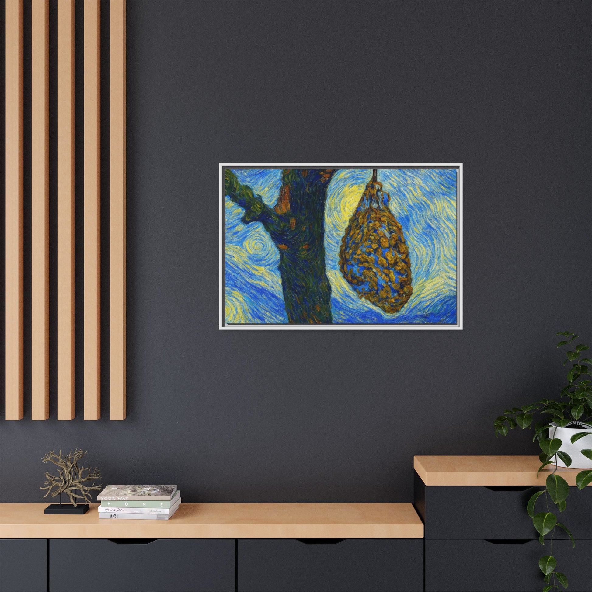 Framed matte canvas art of a starry nut cluster with dried plum in a tree, by Printify, showcasing detailed botanical imagery.