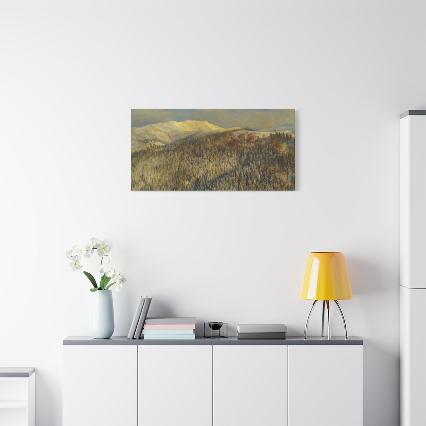 Winter mountain landscape matte canvas print by Printify, stretched 1.25 inches, showcasing snowy peaks and scenic winter scenery.
