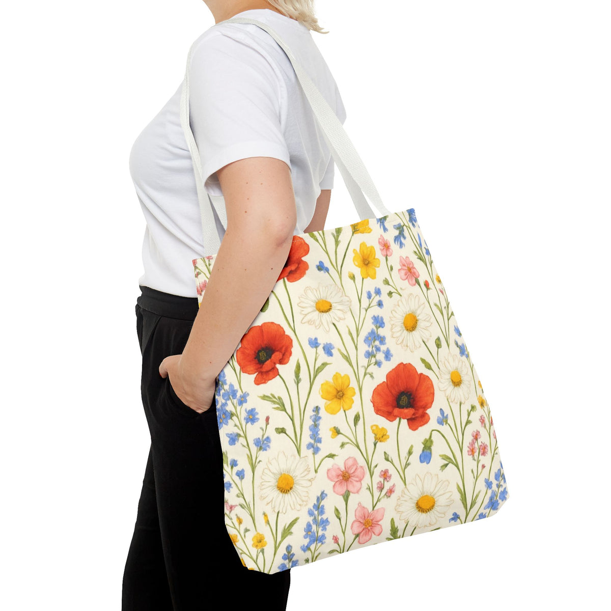 Wildflower Poppy print tote bag featuring a vibrant floral all-over pattern, made by Printify for stylish everyday carry.