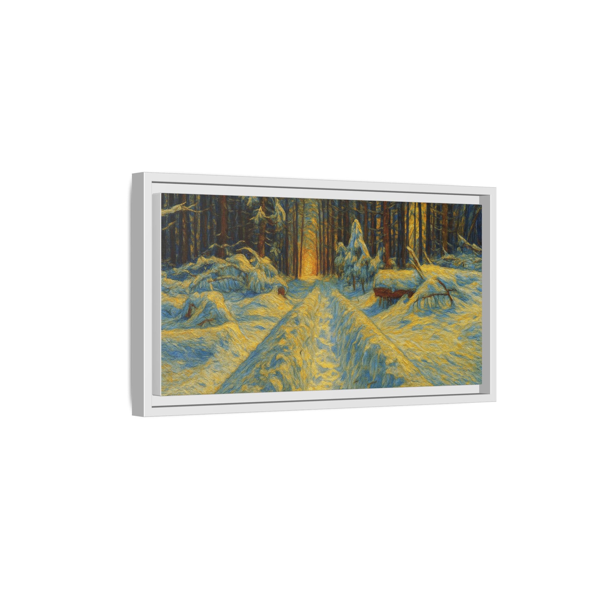 Framed matte canvas print of a snowy forest path at sunset, wall art featuring a scenic winter landscape by Printify
