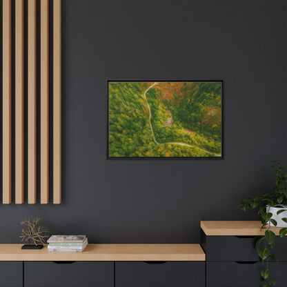 Colorful framed matte canvas wall art featuring an aerial view of a forest path landscape by Printify.