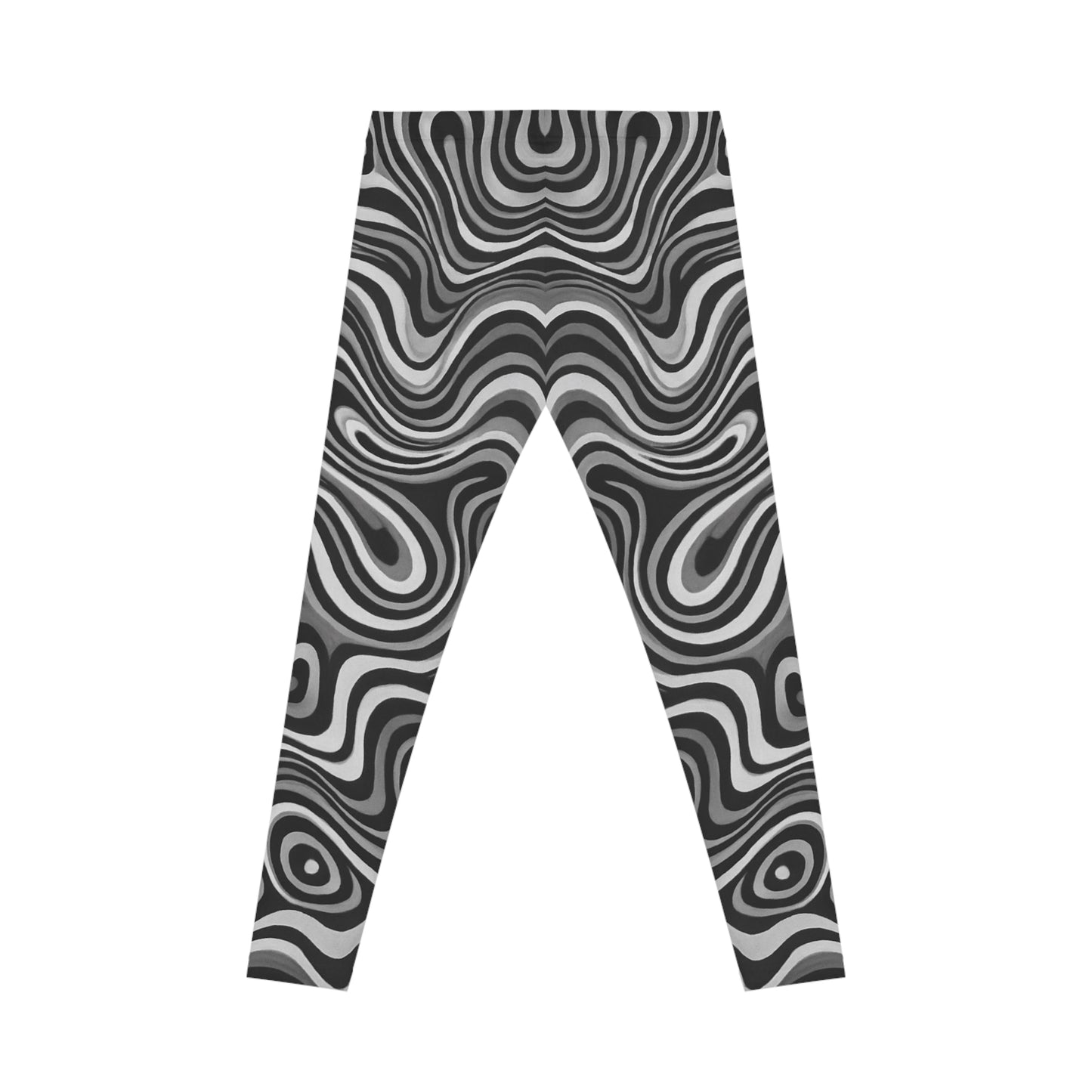 Black and white swirl all-over print leggings with retro psychedelic pattern by Printify, showing vibrant, detailed design.