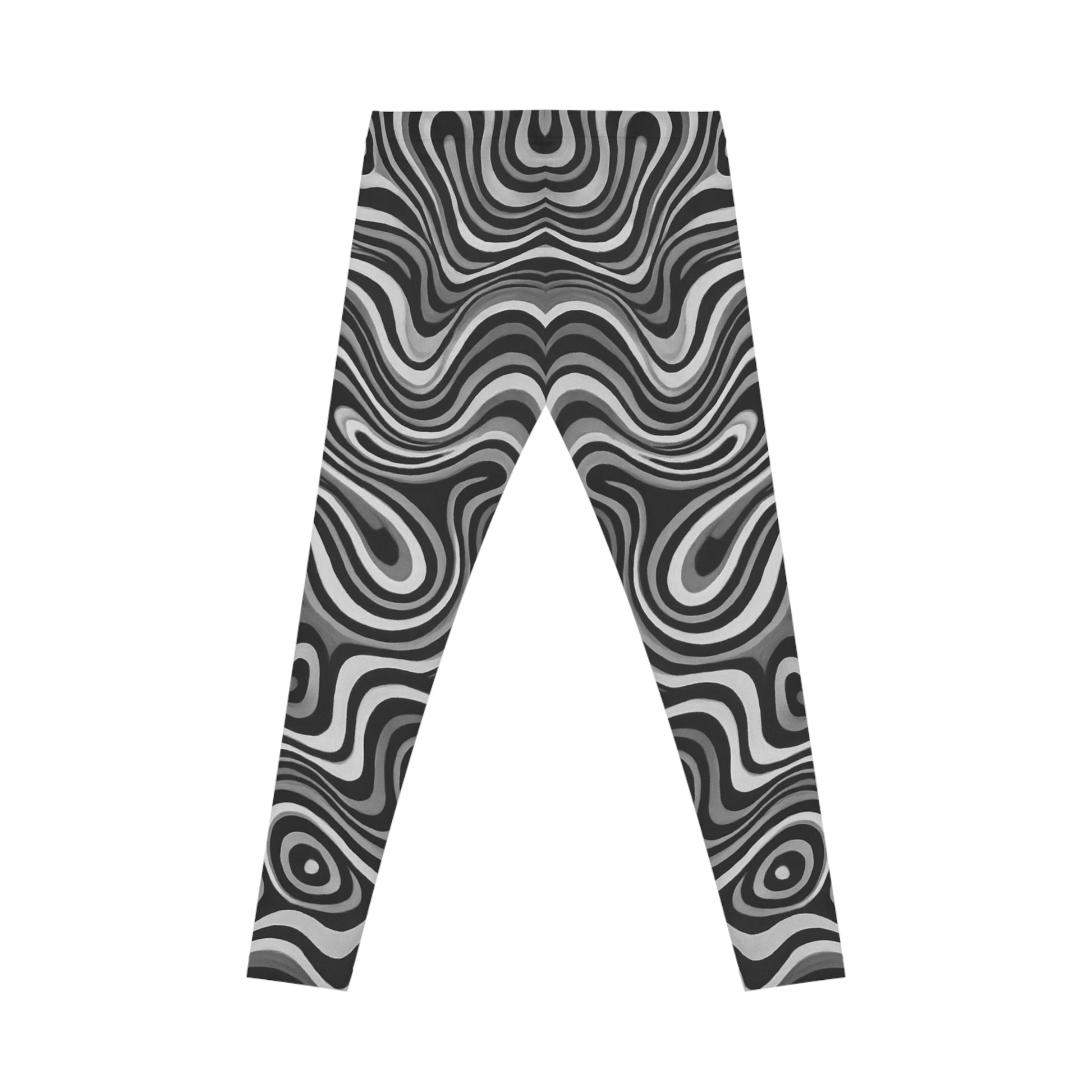 Black and white swirl all-over print leggings with retro psychedelic pattern by Printify, showing vibrant, detailed design.