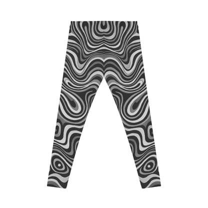 Black and white swirl all-over print leggings with retro psychedelic pattern by Printify, showing vibrant, detailed design.