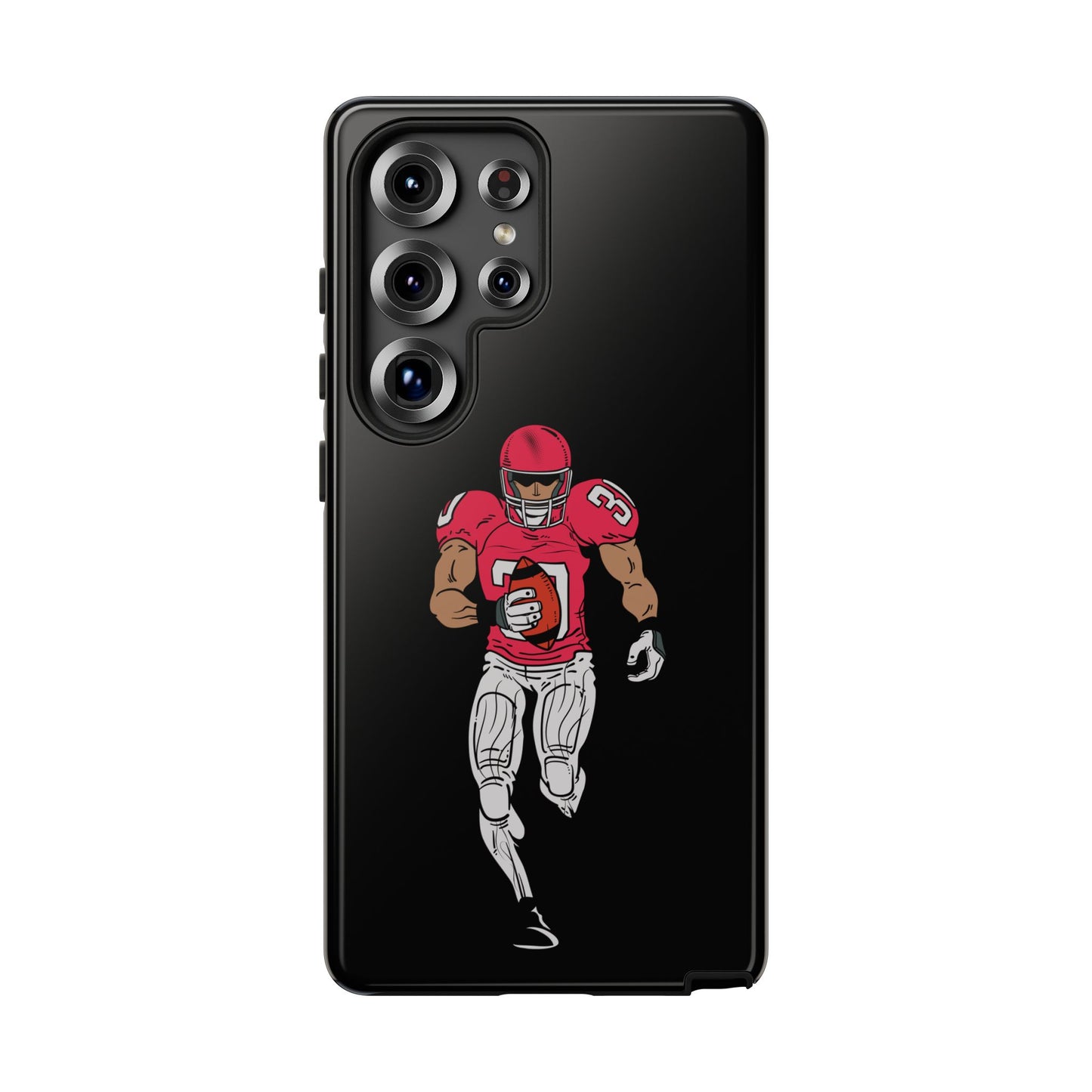 Black football player tough phone case for iPhone, protective sports-themed case by Printify with athletic design.