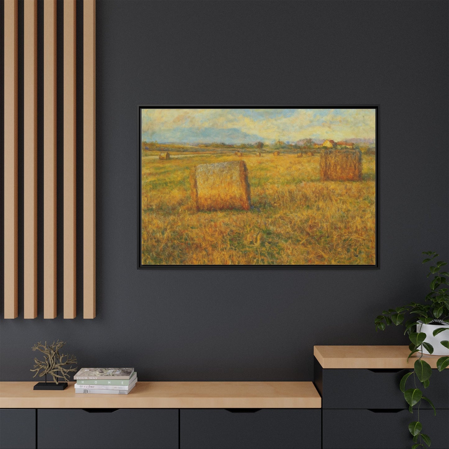 Rustic hayfield landscape print on framed matte canvas wall art by Printify, showcasing a peaceful rural scene.
