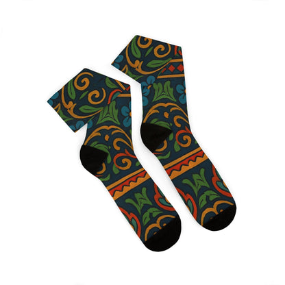 Victorian floral tile sublimation crew socks with all-over print design by Printify, featuring intricate floral patterns.