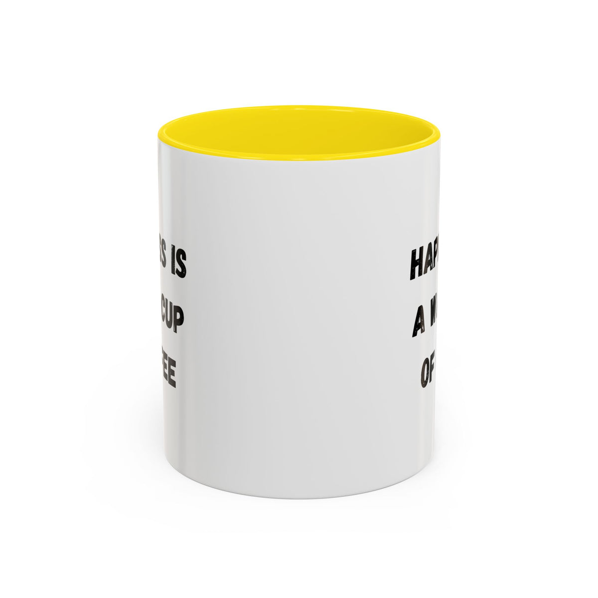 White ceramic coffee mug with "Happiness Is A Warm Cup Of Coffee" quote, featuring a simple, modern design.