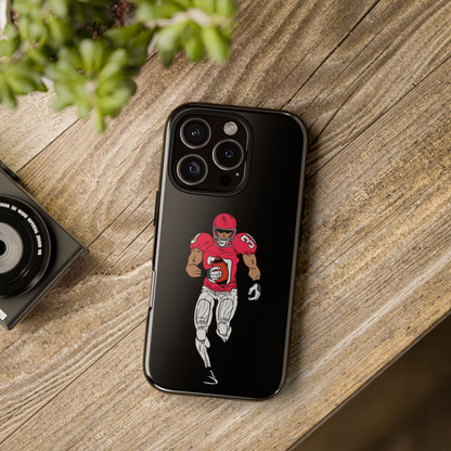 Black football player tough phone case for iPhone, protective sports-themed design by Printify, featuring a dynamic athlete image.