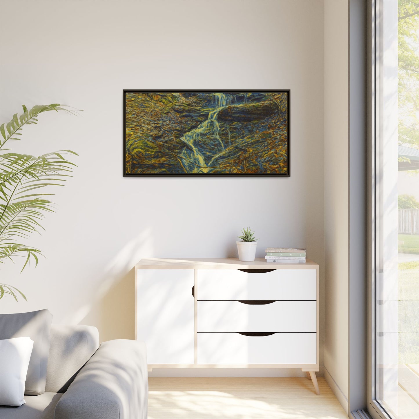 Framed matte canvas wall art of an autumn forest with a waterfall, designed by Printify, showcasing vibrant fall foliage and nature scene.