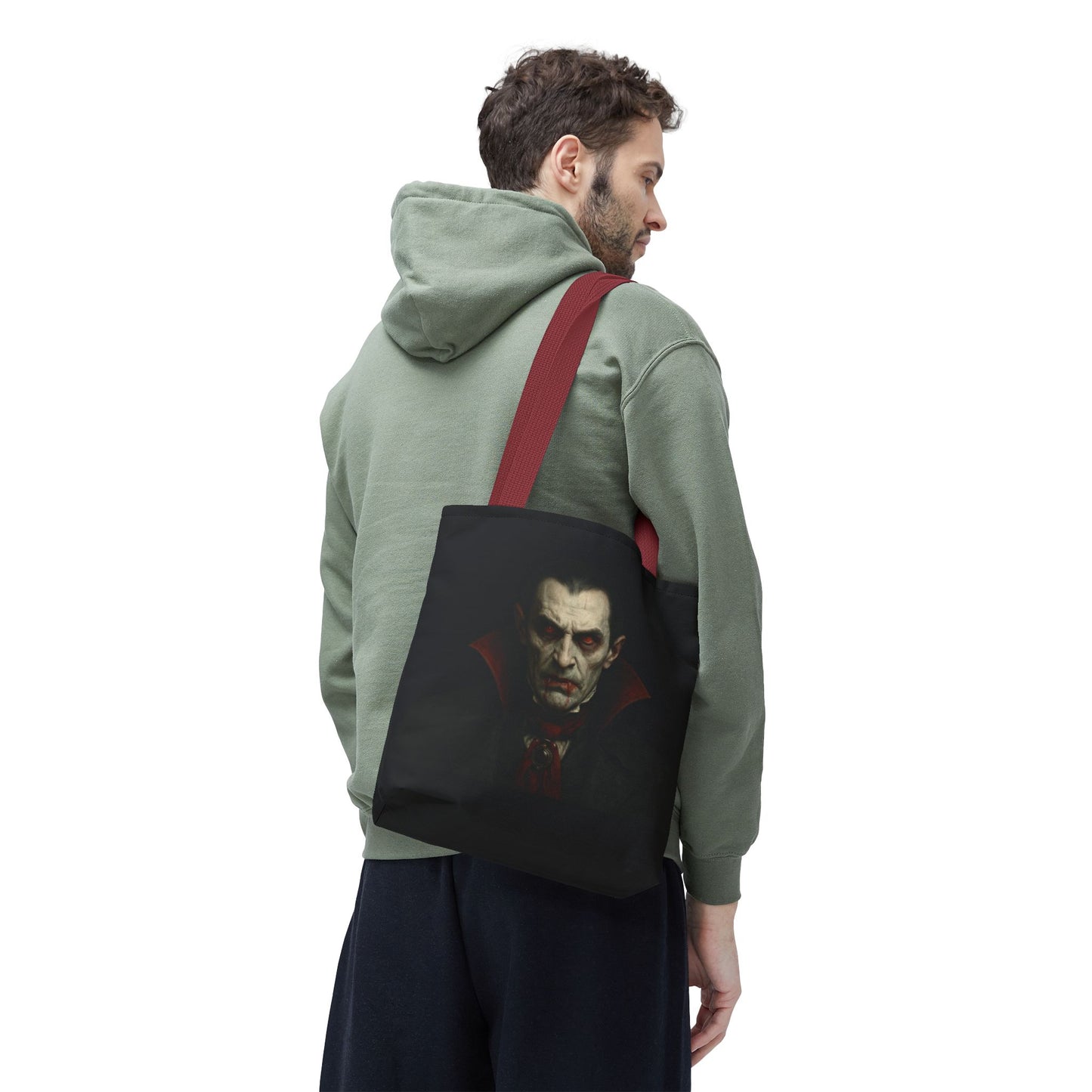 Black vampire tote bag with gothic spooky design, perfect for Halloween accessories, by Printify.