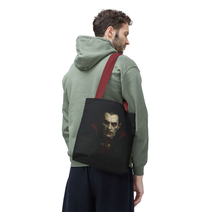 Black vampire tote bag with gothic spooky design, perfect for Halloween accessories, by Printify.