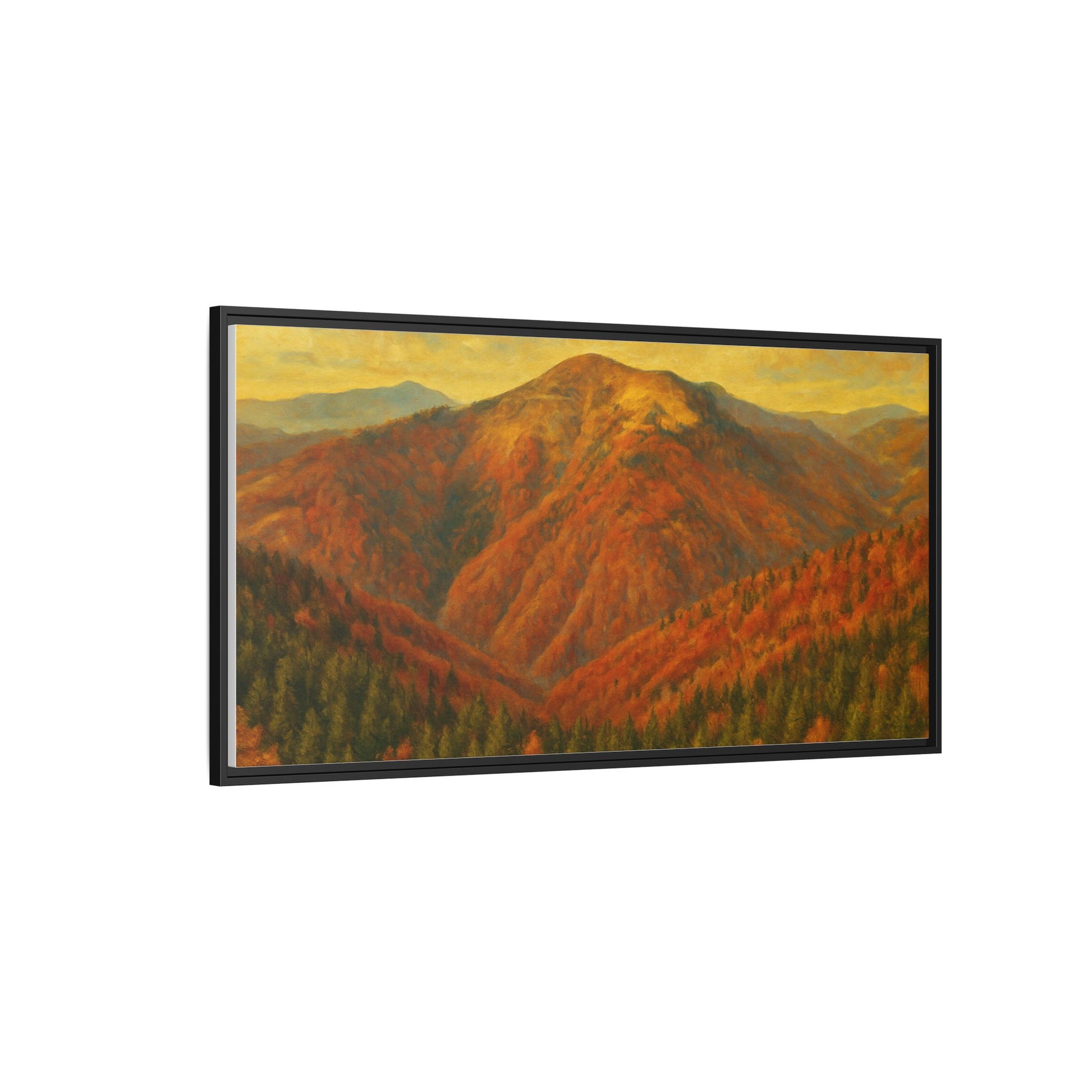 Autumn mountain matte canvas framed wall art by Printify featuring a scenic mountain landscape with warm fall colors.