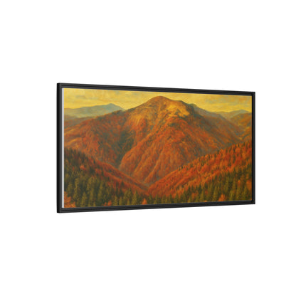 Autumn mountain matte canvas framed wall art by Printify featuring a scenic mountain landscape with warm fall colors.