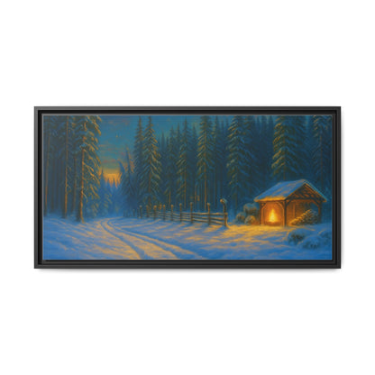 Cozy winter cabin canvas wall art by Printify featuring a snowy forest evening scene in a matte framed print.