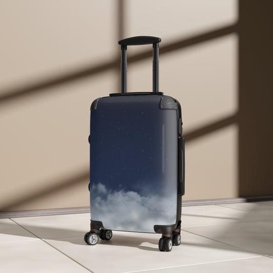 Skyline Carry-On Suitcase by Printify featuring starry night and cloud print travel luggage with wheels and handle.