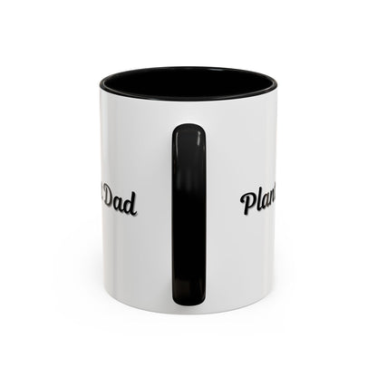 Black-handle Plant Dad coffee mug with plant-themed design, perfect for plant lovers, available in 11oz and 15oz sizes.