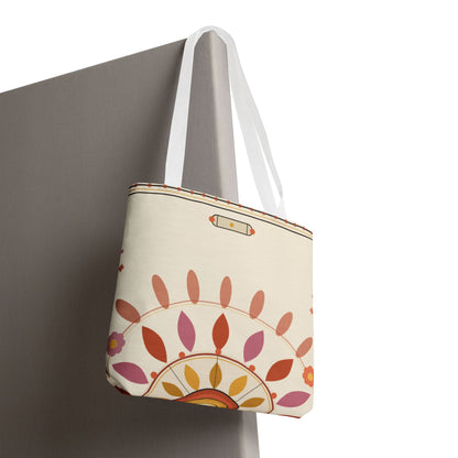 Boho floral mandala tote bag with pastel sunburst pattern, featuring a colorful, artistic design perfect for casual and beach use.