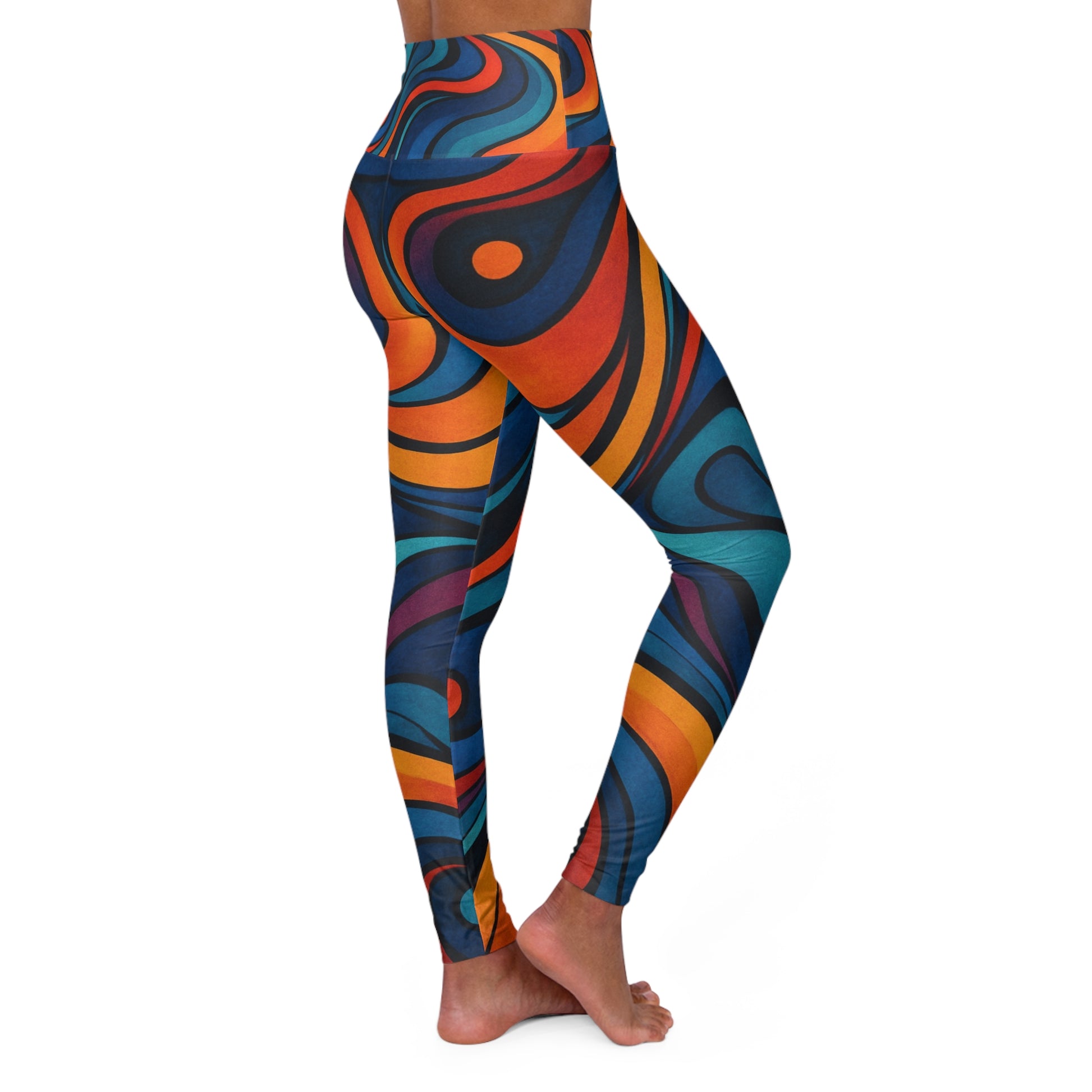 Colorful high-waisted yoga leggings with vibrant all-over print from Printify, designed for activewear and workout comfort.