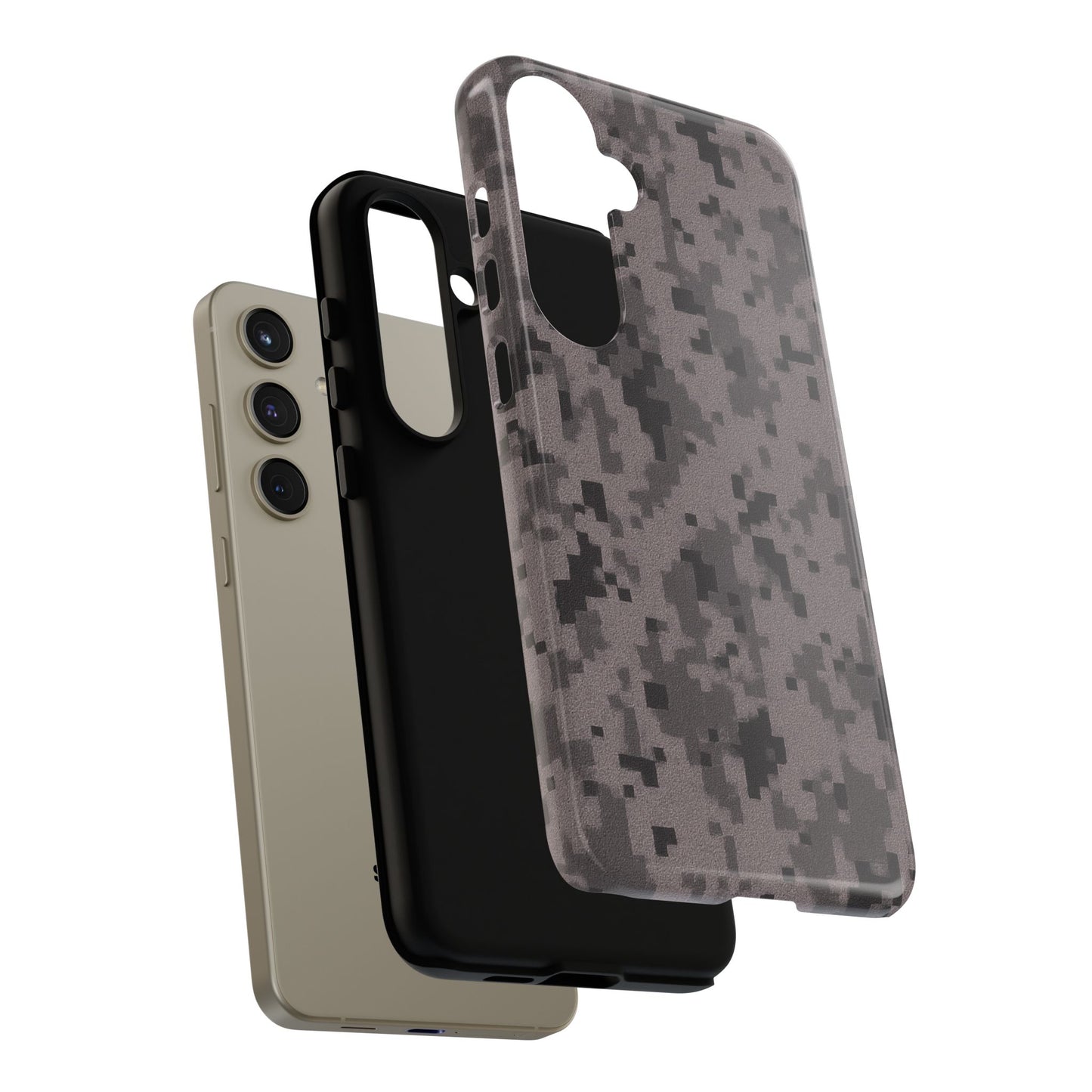 Gray digital camouflage phone case by Printify, tough protective cover with camouflage pattern for smartphones.