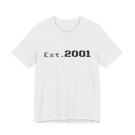 Retro minimalist Est. 2001 graphic T-shirt by Printify featuring a simple birth year design on a classic cotton tee.
