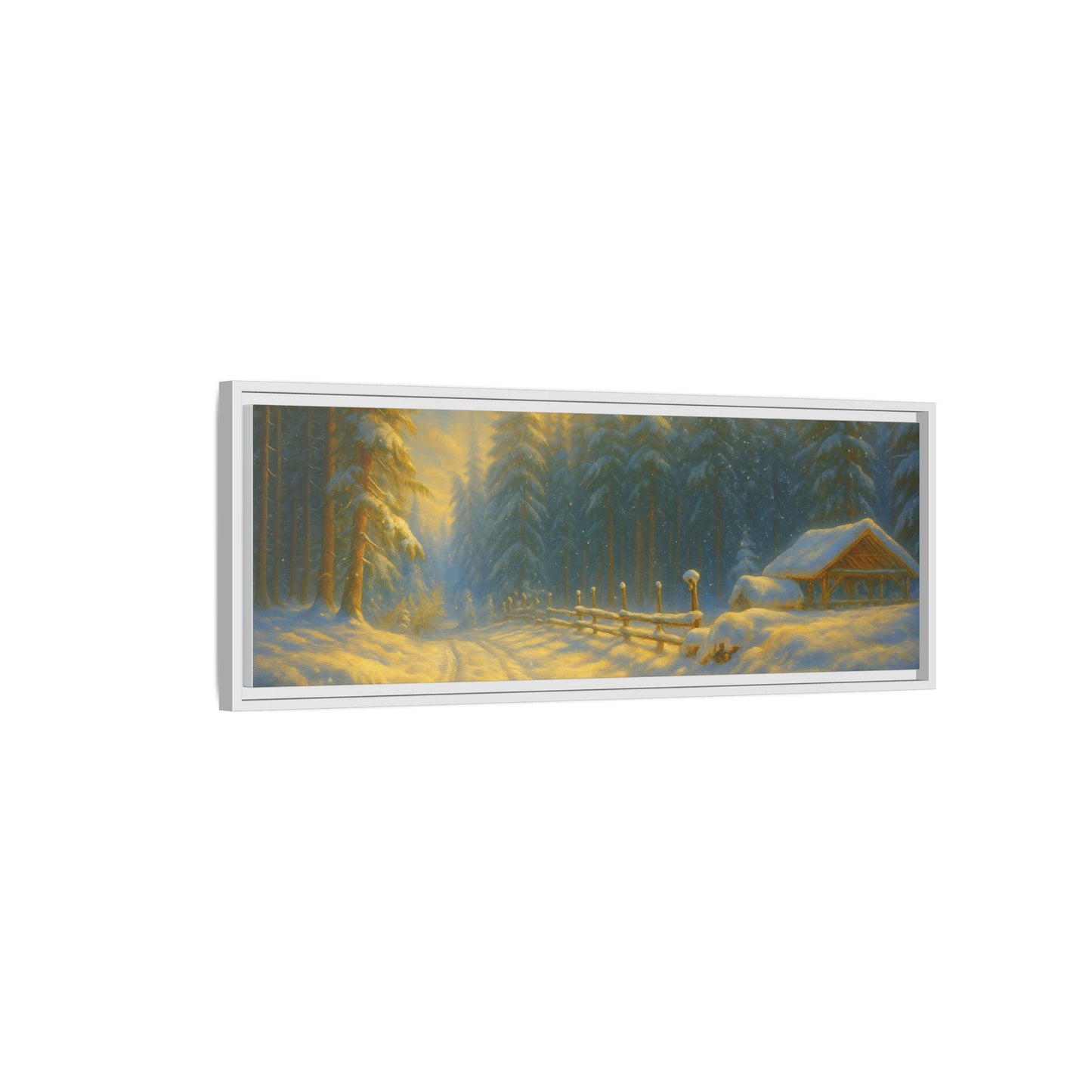 Framed winter cabin canvas print featuring a snowy forest sunset wall art by Printify, showcasing a cozy woodland scene.
