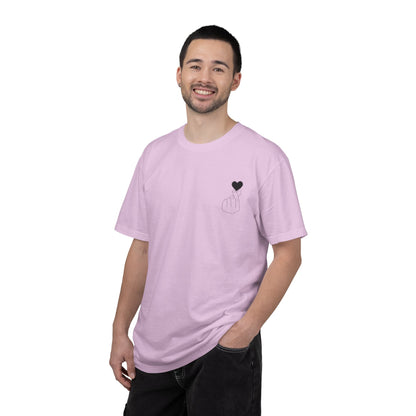 Minimal black heart graphic T-shirt by Printify featuring a finger heart design on a casual black tee.