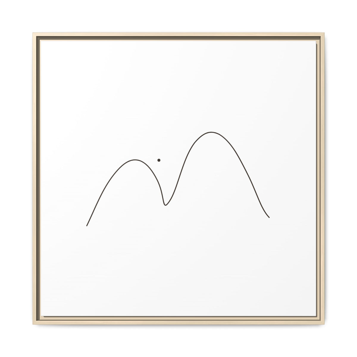Framed minimalist mountain line art print on matte canvas by Printify, featuring simple black mountain outline on neutral background.