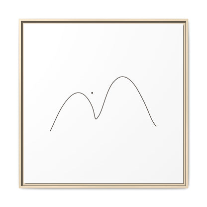 Framed minimalist mountain line art print on matte canvas by Printify, featuring simple black mountain outline on neutral background.