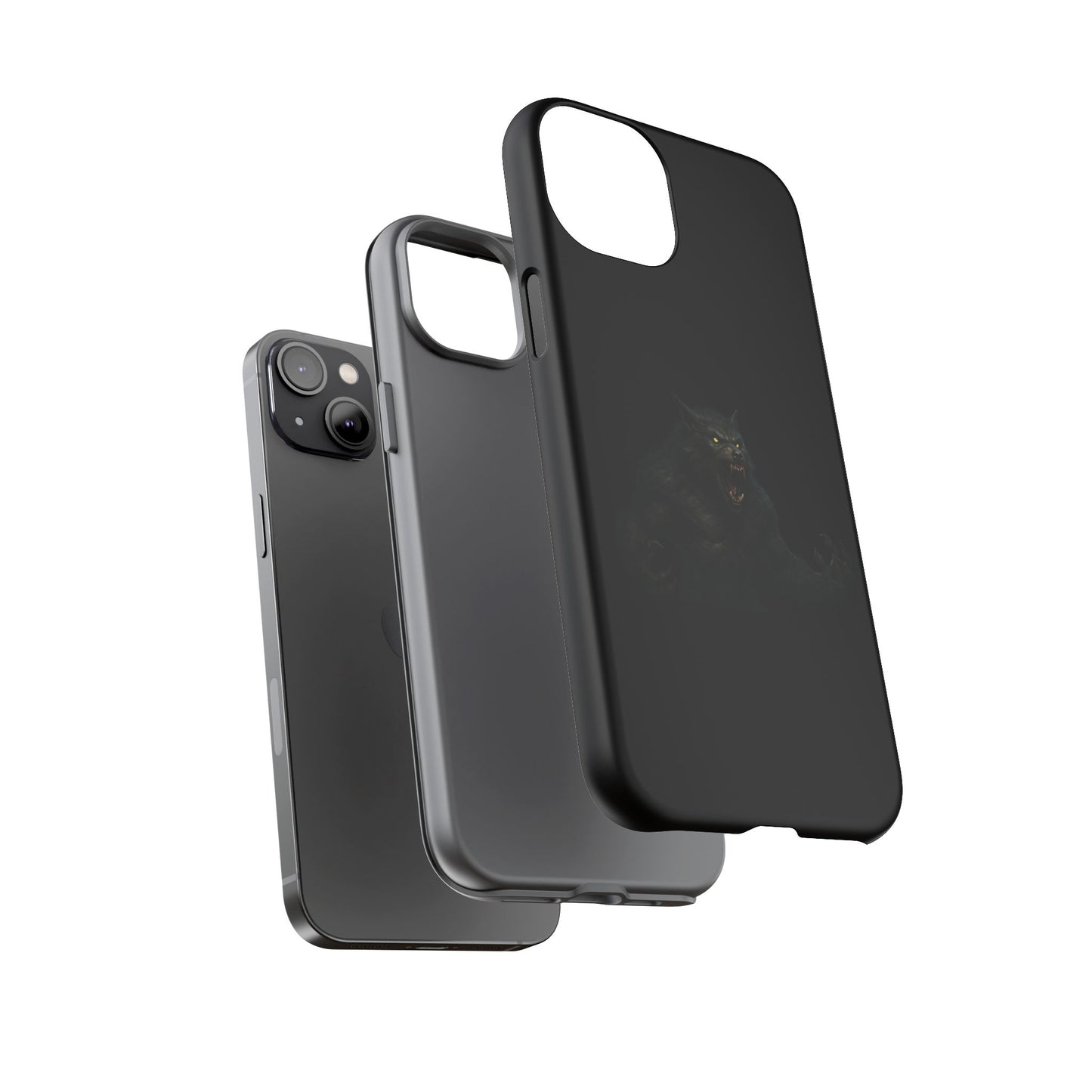 Werewolf phone case with dark monster graphic, durable protective design for smartphones.