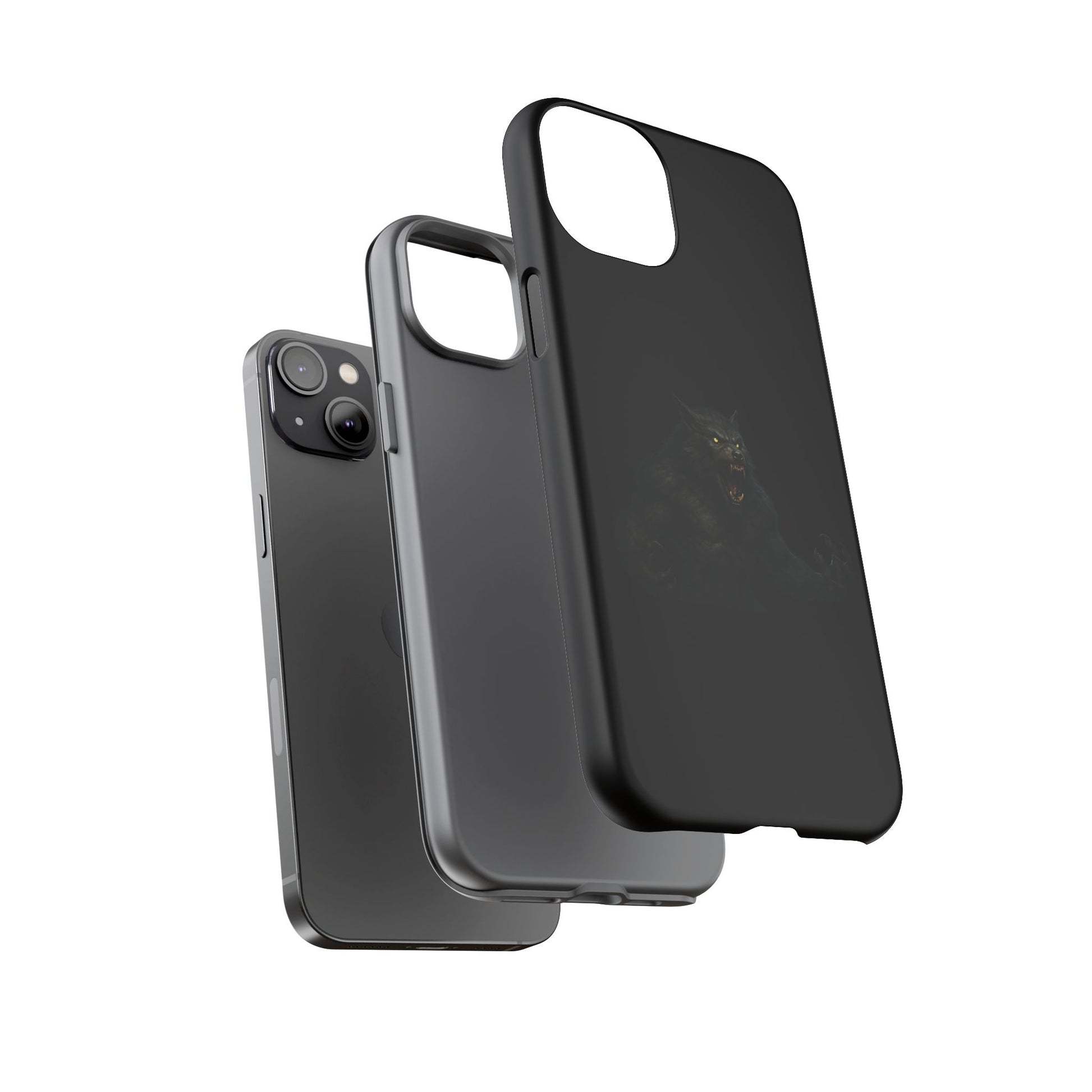 Werewolf phone case with dark monster graphic, durable protective design for smartphones.