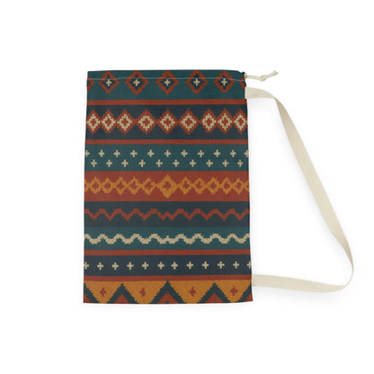 Southwestern Aztec pattern laundry bag with boho geometric design and drawstring closure, ideal for laundry or storage.