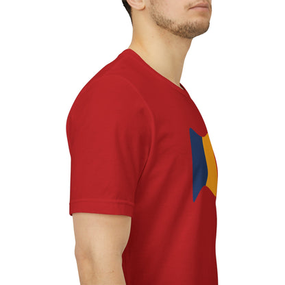 Romania flag T-shirt by Printify featuring a minimal waving tricolor design, displayed on a plain background.
