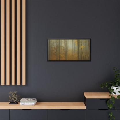 Framed matte canvas wall art of a misty autumn forest with colorful trees and foggy background, by Printify.