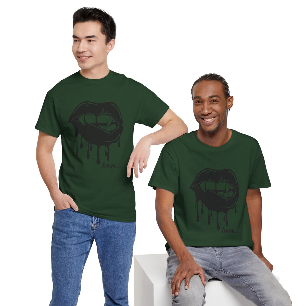 Graphic T-shirt by Printify featuring dripping lips and a "hmm..." bite design on a casual cotton tee.