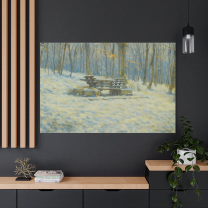 Winter woodland scene on snowy park bench canvas print, matte stretched wall art by Printify featuring winter landscape.