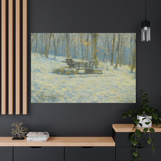 Winter woodland scene on snowy park bench canvas print, matte stretched wall art by Printify featuring winter landscape.