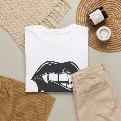 Black graphic T-shirt by Printify featuring a dripping lips "hmm..." bite design on the front.