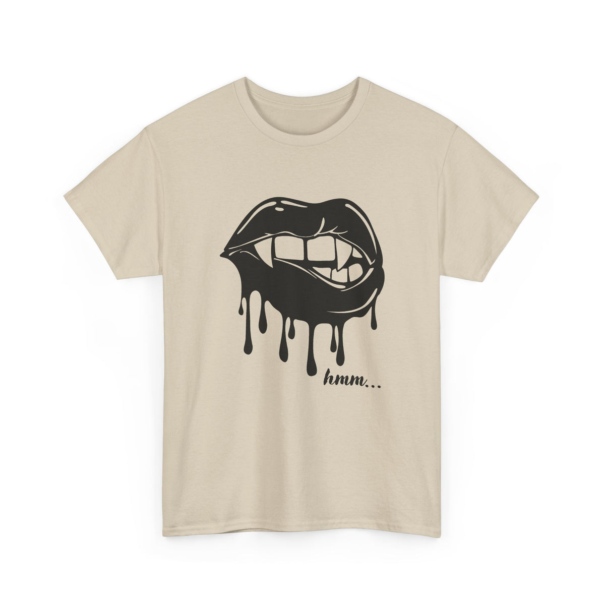 Graphic T-shirt by Printify featuring a dripping lips 'hmm...' bite design in bold black and white print.