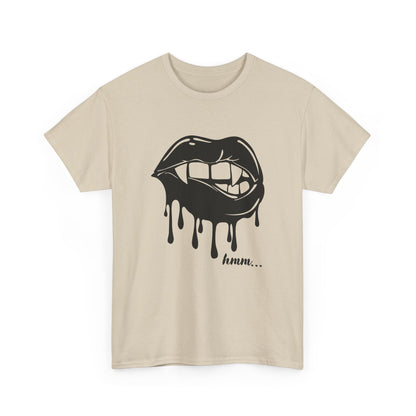 Graphic T-shirt by Printify featuring a dripping lips 'hmm...' bite design in bold black and white print.