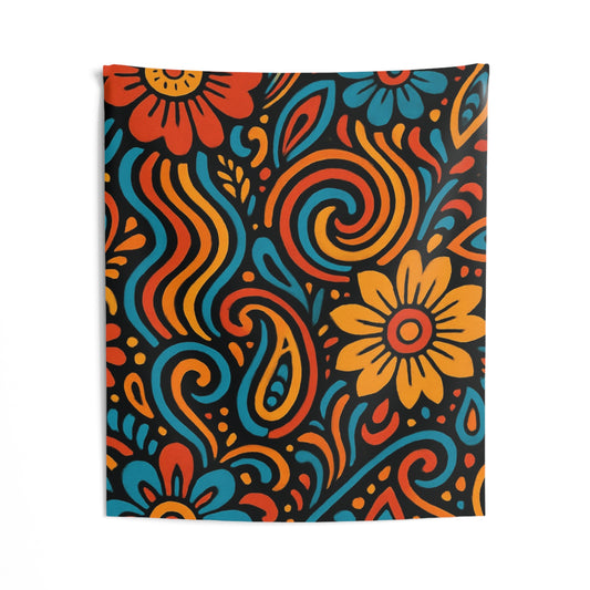 Boho floral tapestry wall hanging with retro swirl design in orange, teal, and yellow, by Printify.