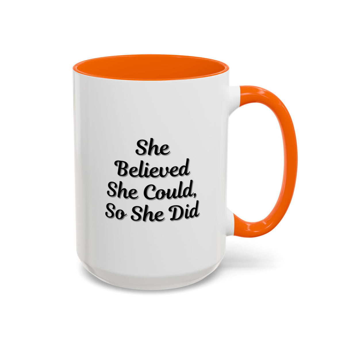 Motivational coffee mug with "She Believed She Could, So She Did" quote, ceramic mug with inspirational message from Printify