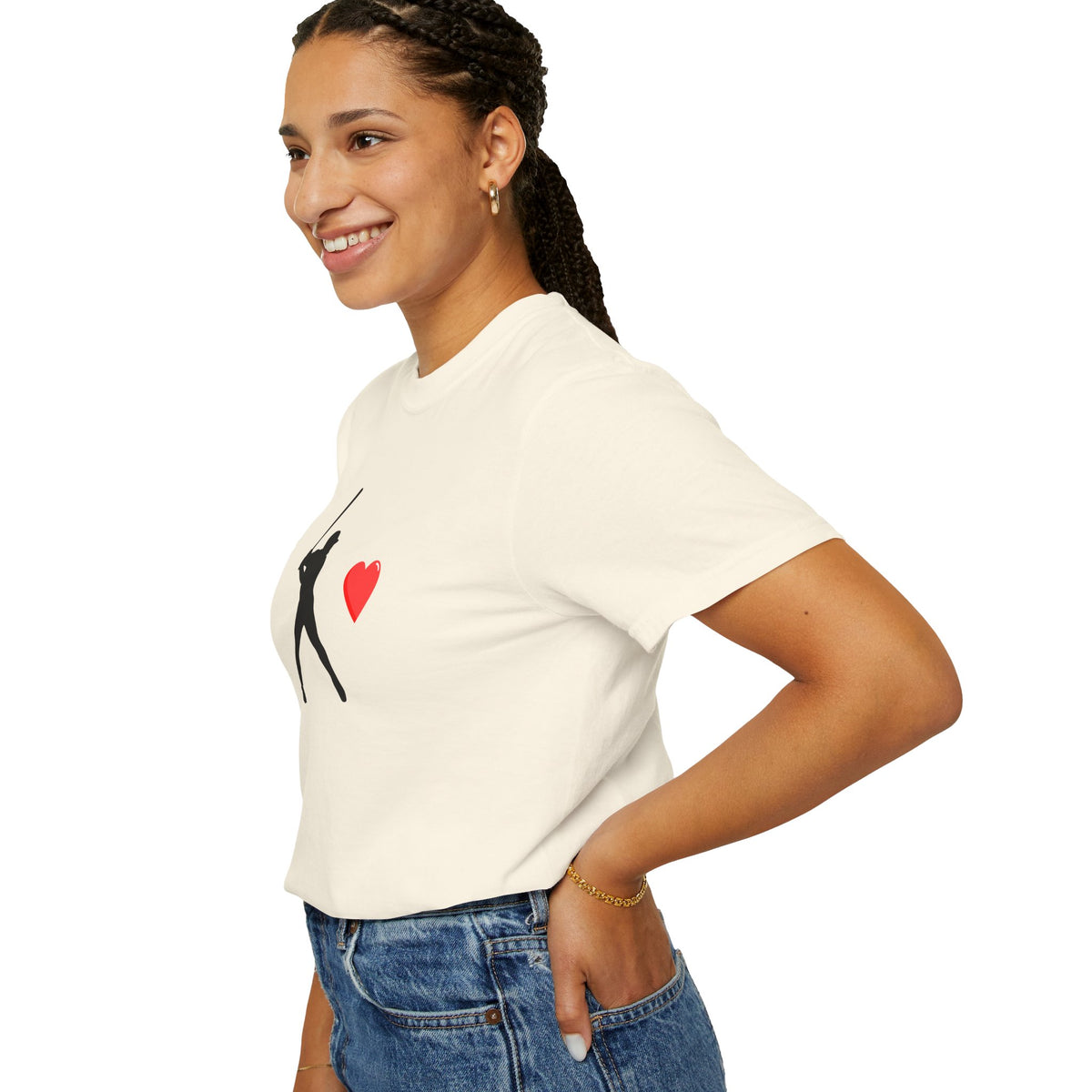 Printify baseball batter heart T-shirt showing a casual fit with a baseball-themed graphic on a white cotton fabric.