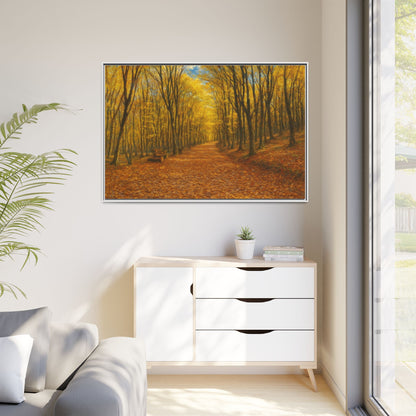 Autumn forest path matte canvas wall art by Printify, featuring a scenic forest trail with colorful fall foliage.