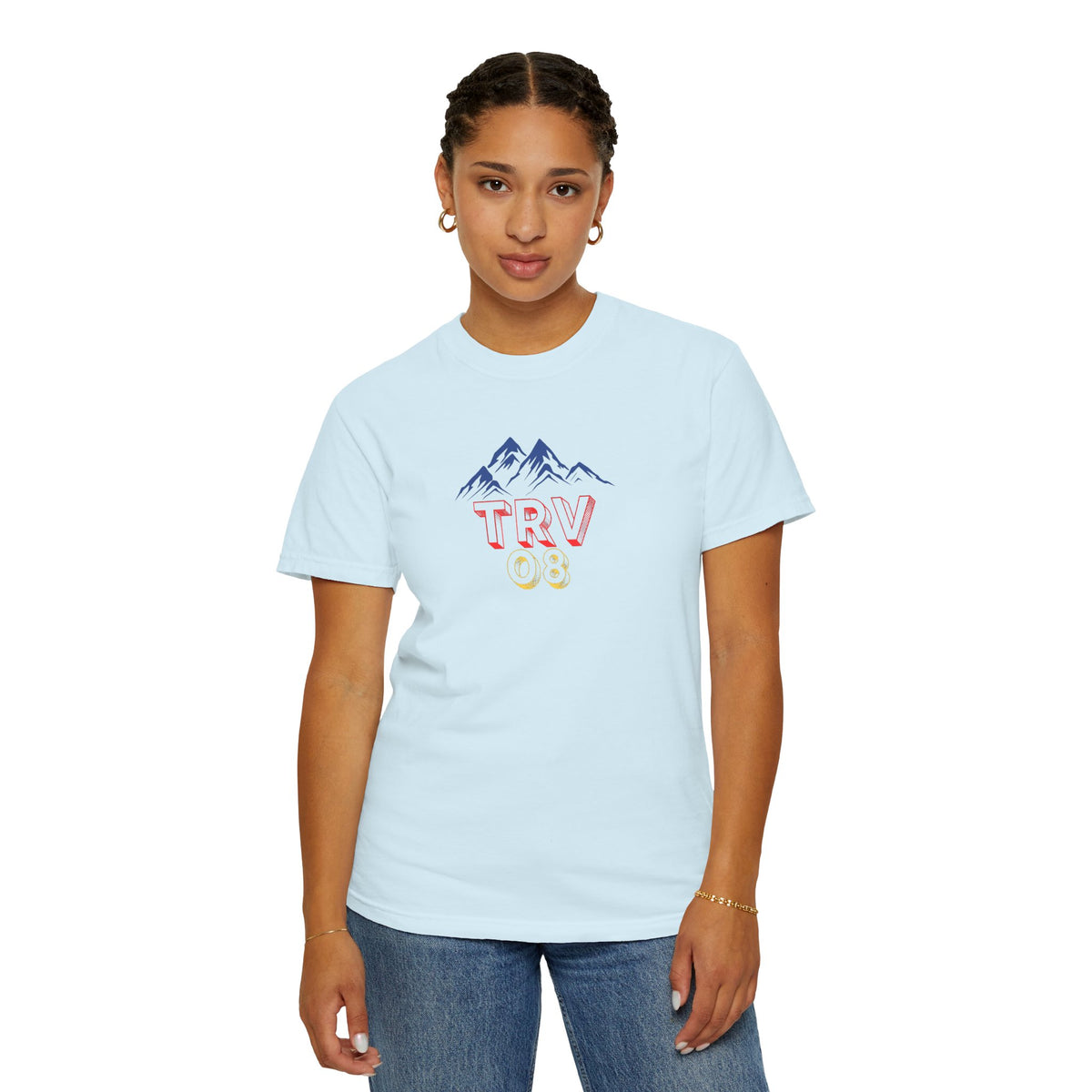 Unisex garment-dyed T-shirt with TRV08 logo from Printify, featuring a comfortable fit and casual style.
